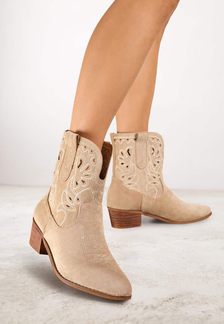 Botine Cowboy Bej închis Vices pe Toc gros Decorate cu Broderie Nelithen