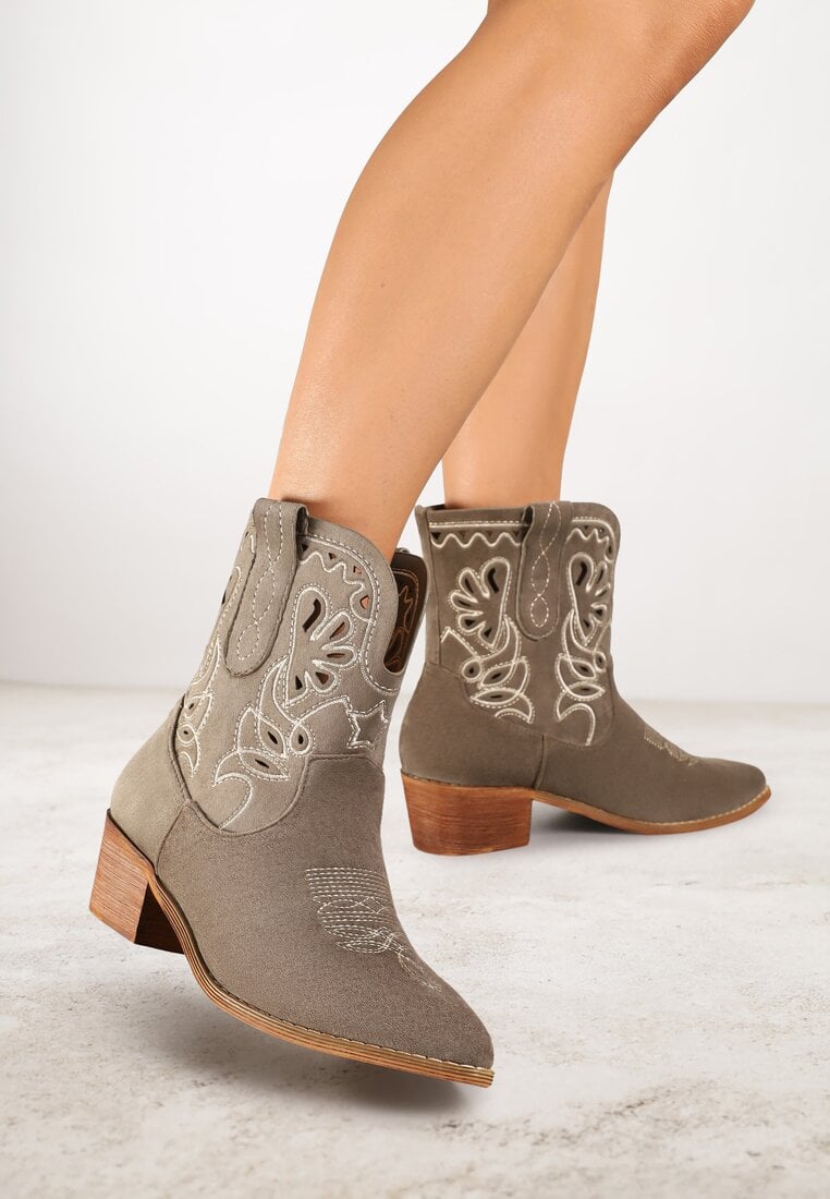 Ghete Verzi cowboy Vices cu toc gros decorate cu broderie Nelithen