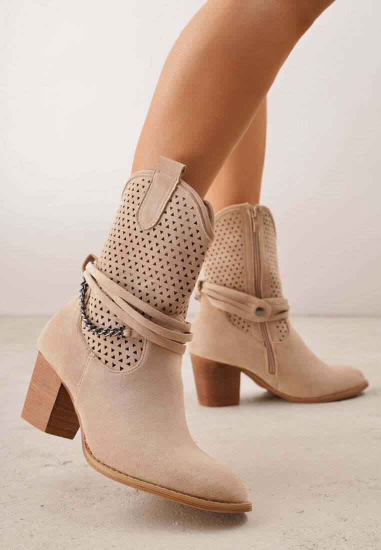 Botine Bej închis Vices cu toc gros stil cowboy cu carâmb ajurat și curele Tulifedi