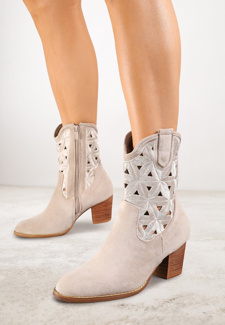 Ghete Cowboy Bej deschis Vices cu toc bloc cu motiv geometric Sarori