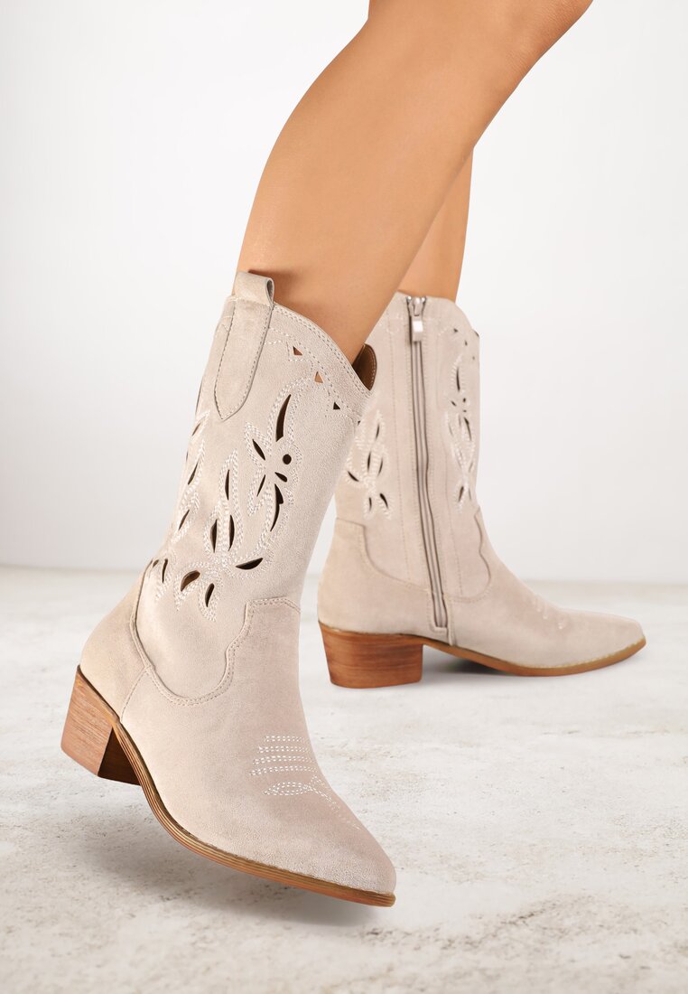 Botine Bej deschis Vices cu toc gros cowboy cu carâmb ajurat Rivori