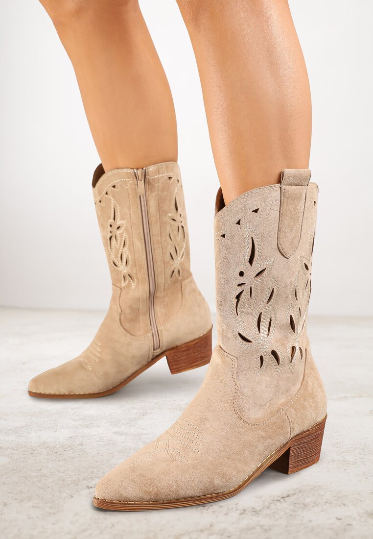 Botine Bej Vices cu toc gros stil cowboy cu carâmb ajurat Rivori