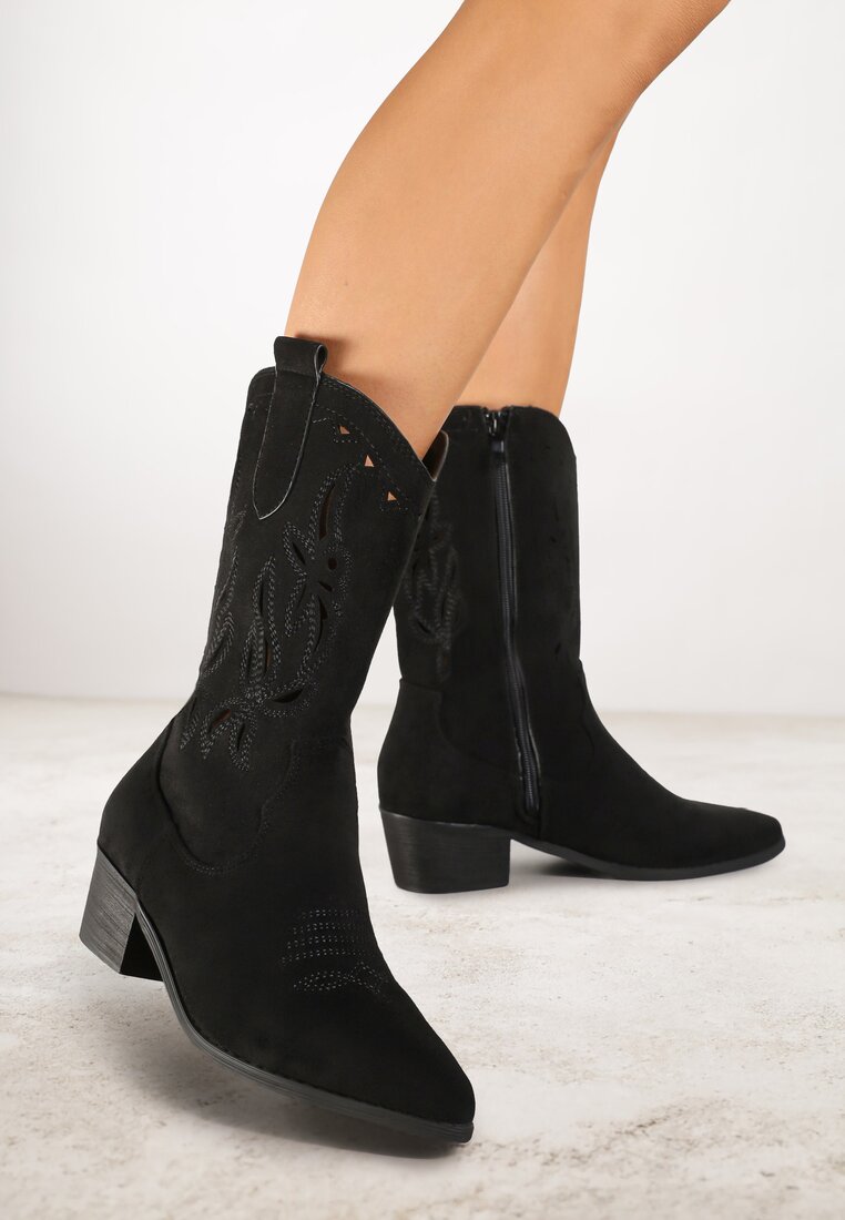 Botine Negre Vices pe Toc Gros Cowboy cu Carâmb Ajurat Rivori