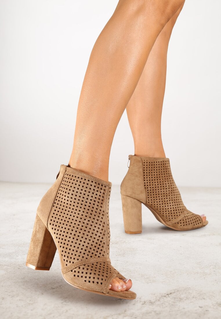 Sandale bej închis Vices cu toc gros cu decupaje Felilina