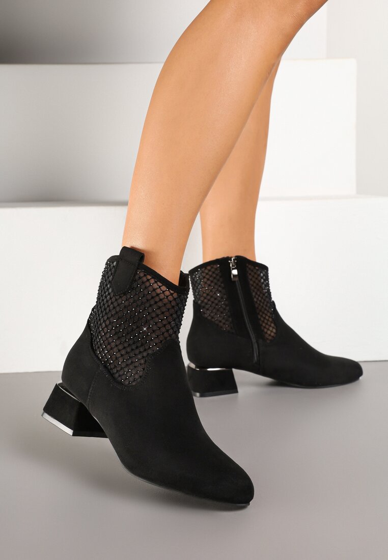 Botine Negre pe toc gros Vices decorate cu plasă pe carâmb Deovenna