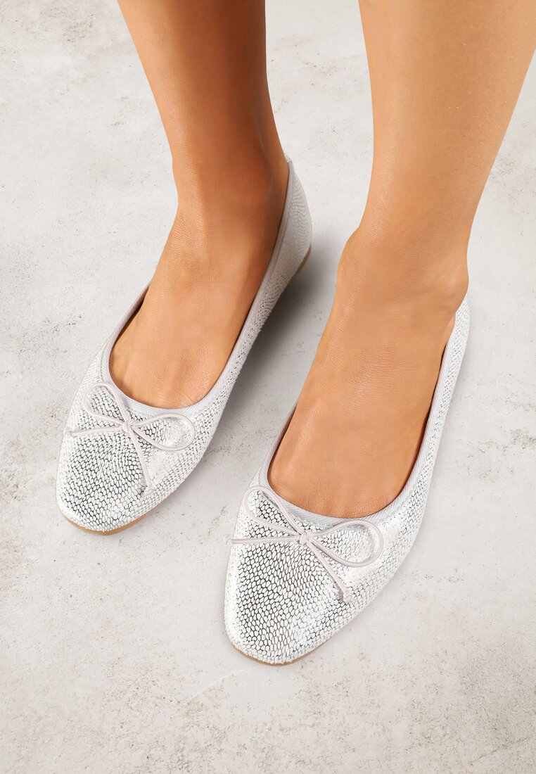 Balerini Argintii Vices cu fundă decorativă și relief tip piele de șarpe Tultewia