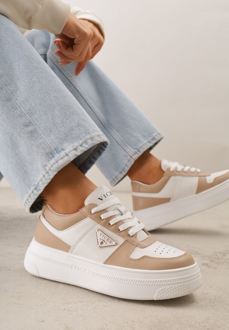 Sneakers Bej-Alb Vices pe Platformă cu Perforații și Aplicație Geometrică Vilvesia