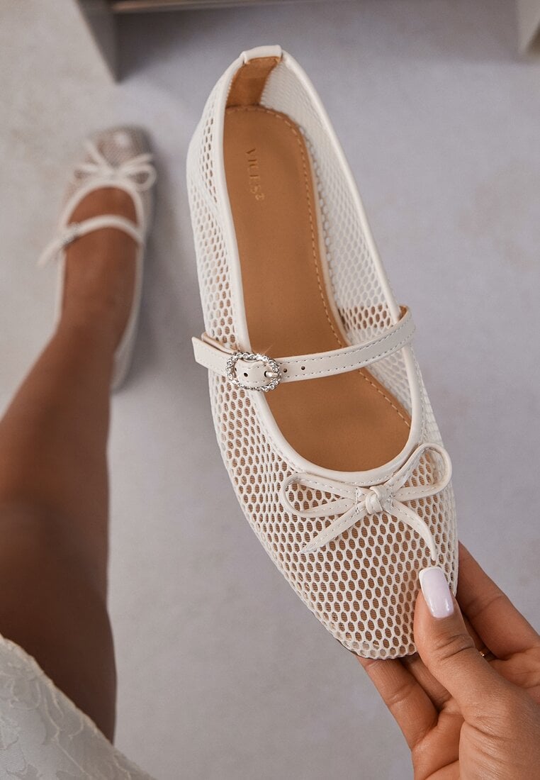 Balerini cu plasă bej Vices cu curea cu cataramă și fundiță decorativă Niladiela