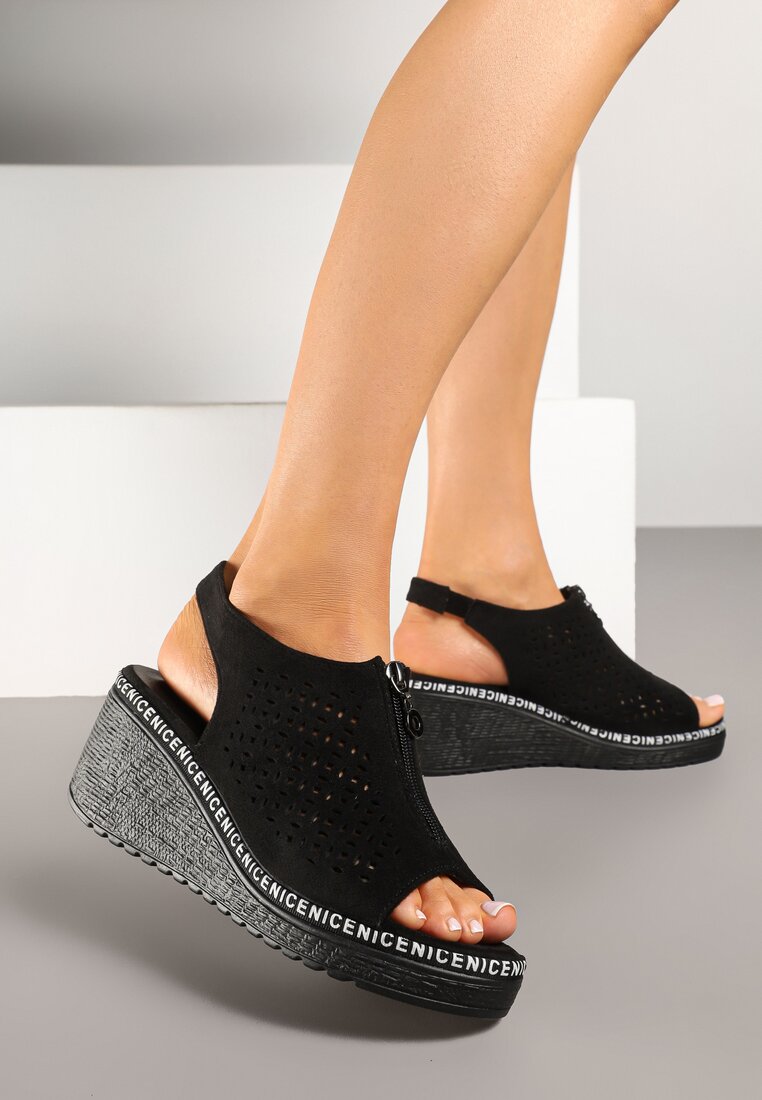 Sandale Negre Vices cu pană cu decupaje și fermoar Linalunea