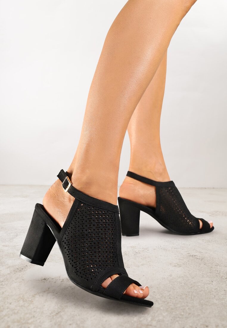 Sandale Negre Vices pe Toc gros cu Partea superioară ajurată și Brant din piele Saramiae