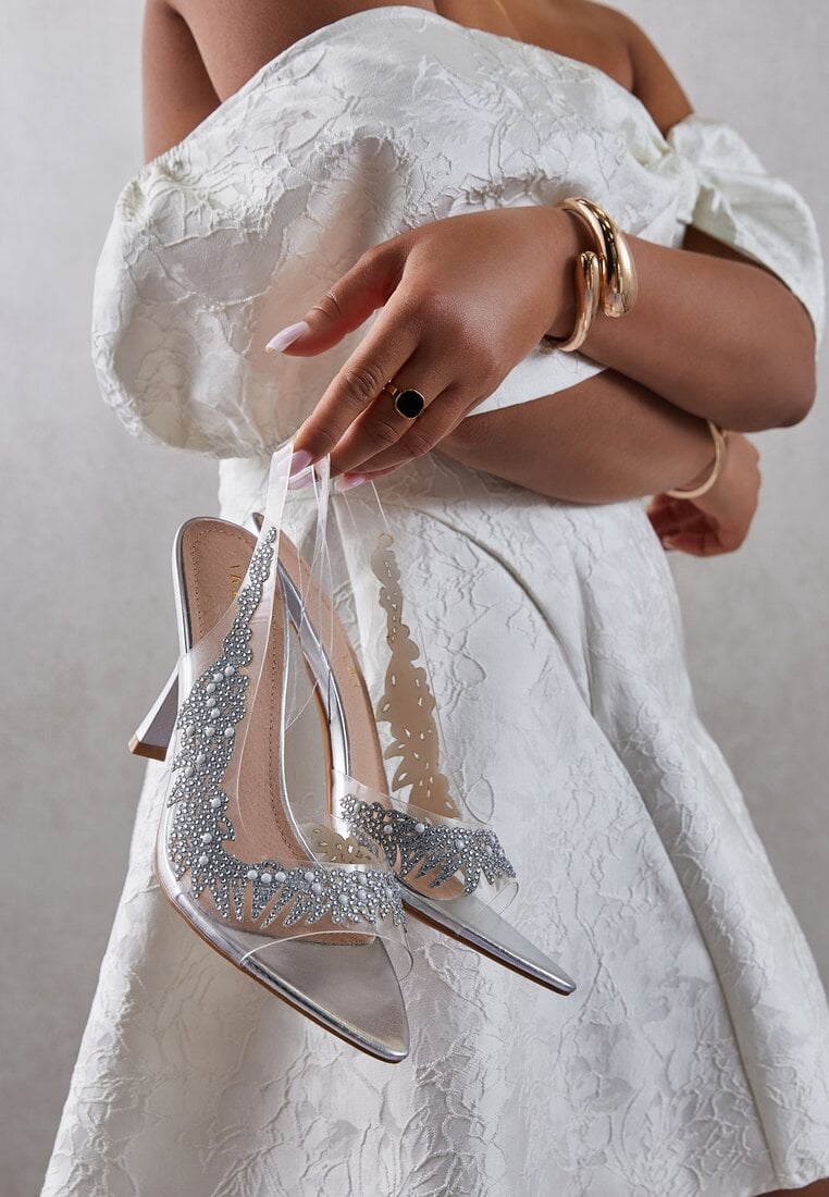Sandale Argintii Transparente cu toc stiletto Vices cu branț din piele și cu Zirconii Oviassa