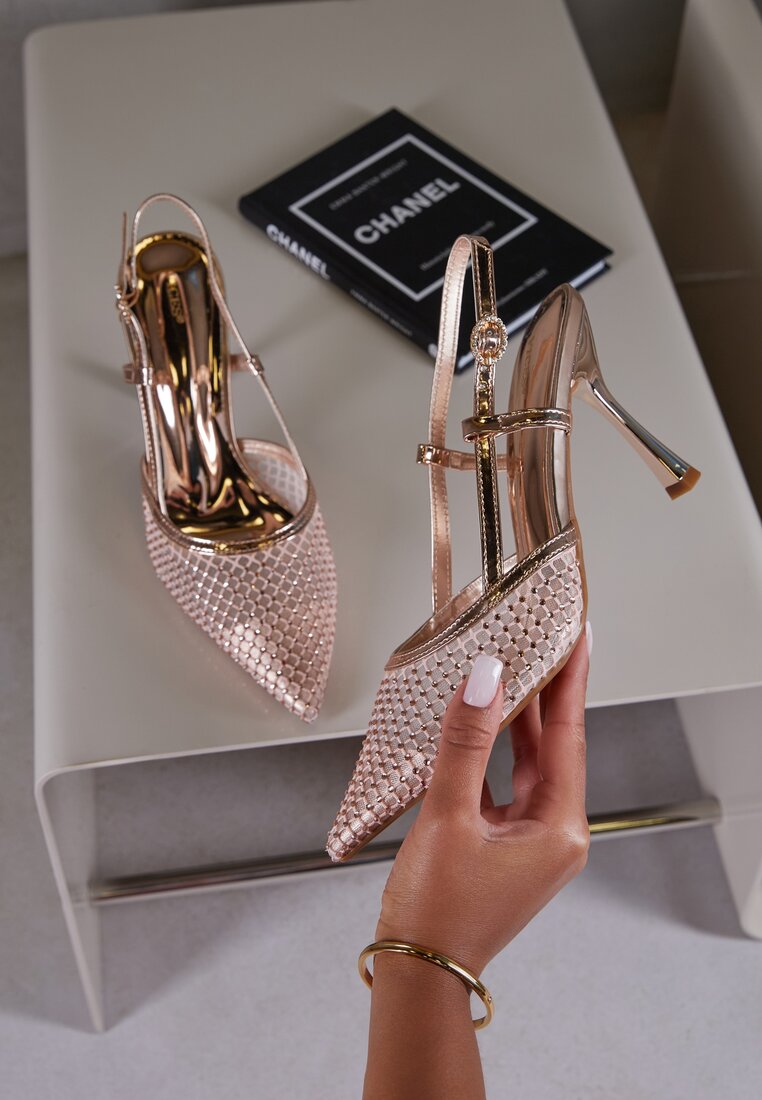 Sandale Champagne cu toc stiletto Vices cu plasă și zirconii Liramire