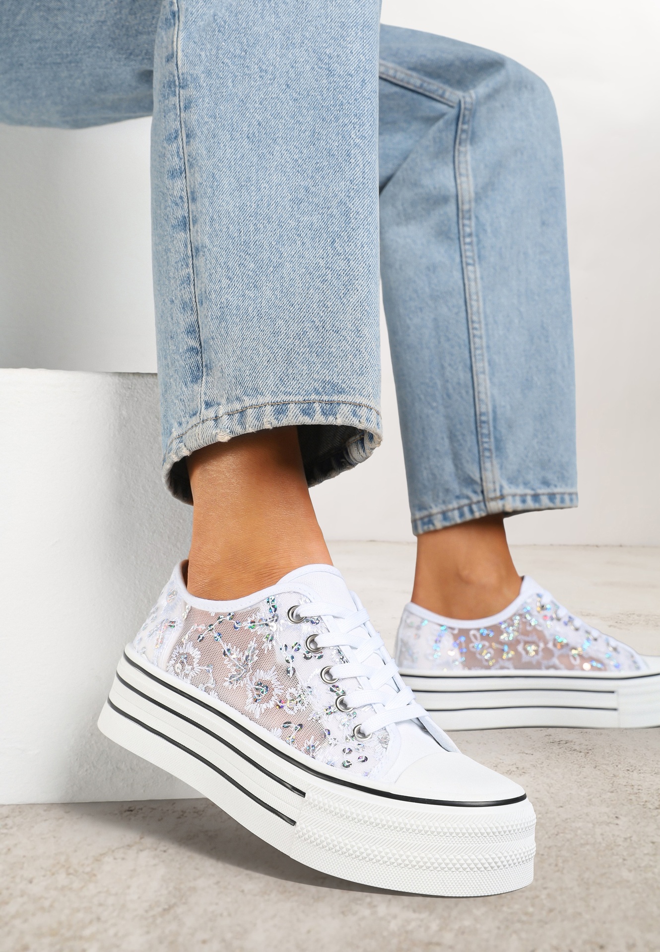 Tenisi Albi Vices din Plasa cu Paiete pe Talpa Groasa Telanila