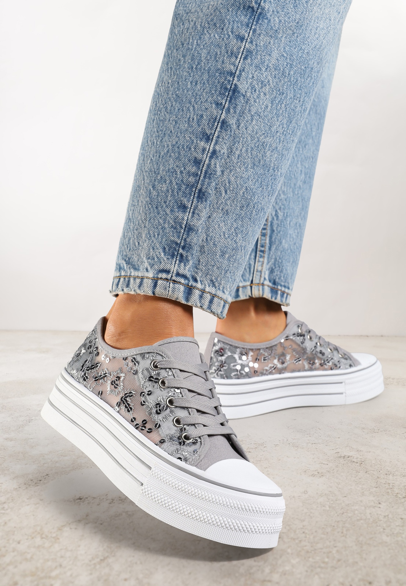 Adidași Gri Vices din Plasă cu Paiete pe Talpă Groasă Telanila