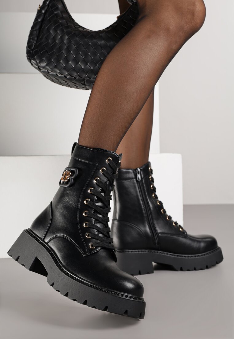 Botine stil worker Negre VICES cu Ornament Metalic pe Carâmb Cevea