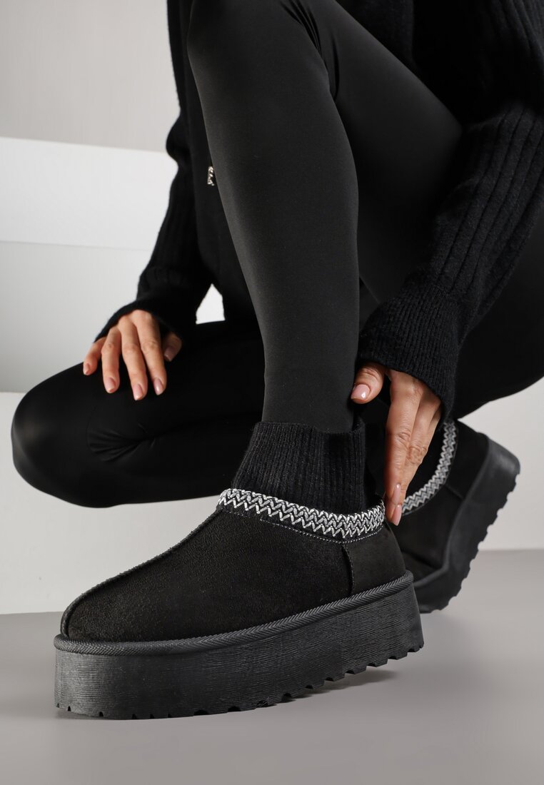 Cizme de zăpadă Negre VICES pe platformă cu carâmb tip șosetă și Broderie Ebentia