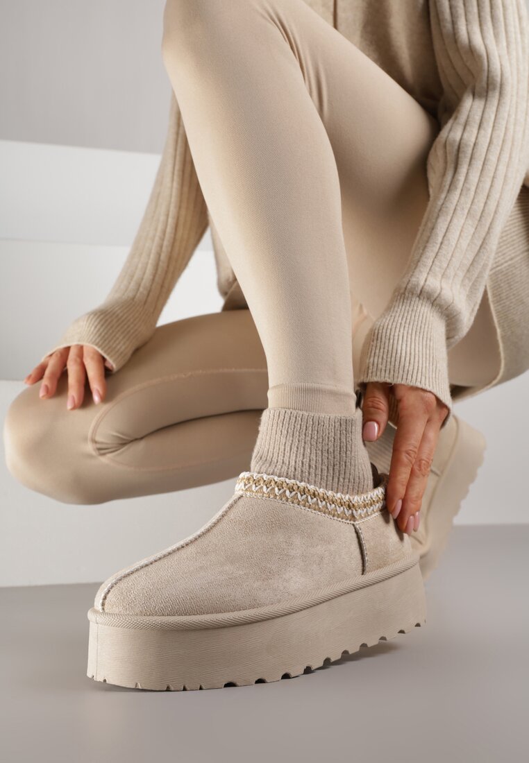 Cizme de zăpadă Bej VICES pe Platformă cu Guler Tip Șosetă și Broderie Ebentia