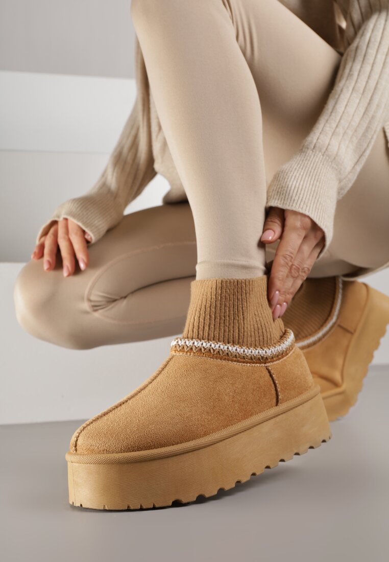 Ghete de zăpadă Maro deschis VICES cu platformă cu guler șosetă și broderie Ebentia