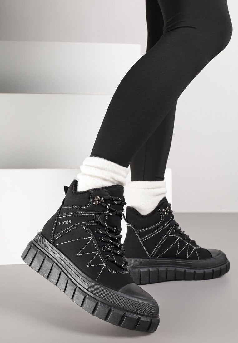Botine trapper negre Vices cu platformă cu gofrare decorate cu cusături Amirrise