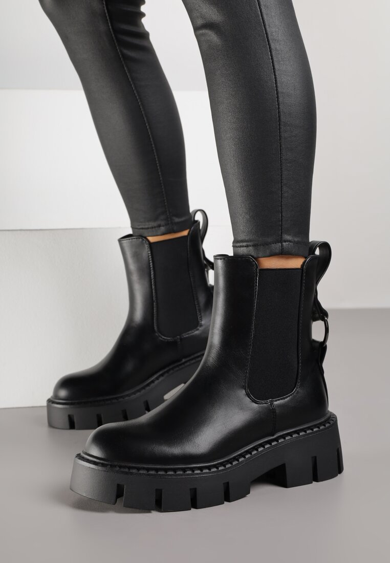 Botine Negre Vices Ghete Chelsea cu Platformă Decorate cu Aplicație Metalică Zaidera