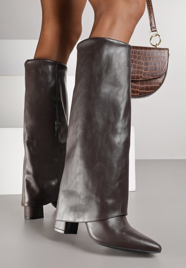 Cizme maro închis VICES cu toc gros în stil cowboy cu carâmb răsfrânt Alorriva