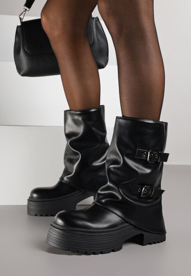 Ghete negre Biker Vices cu carâmb răsfrânt, platformă și catarame Reinila