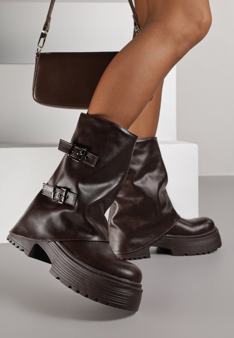 Botine Maro închis Biker Vices cu Manșetă răsfrântă Platformă și Catarame Reinila
