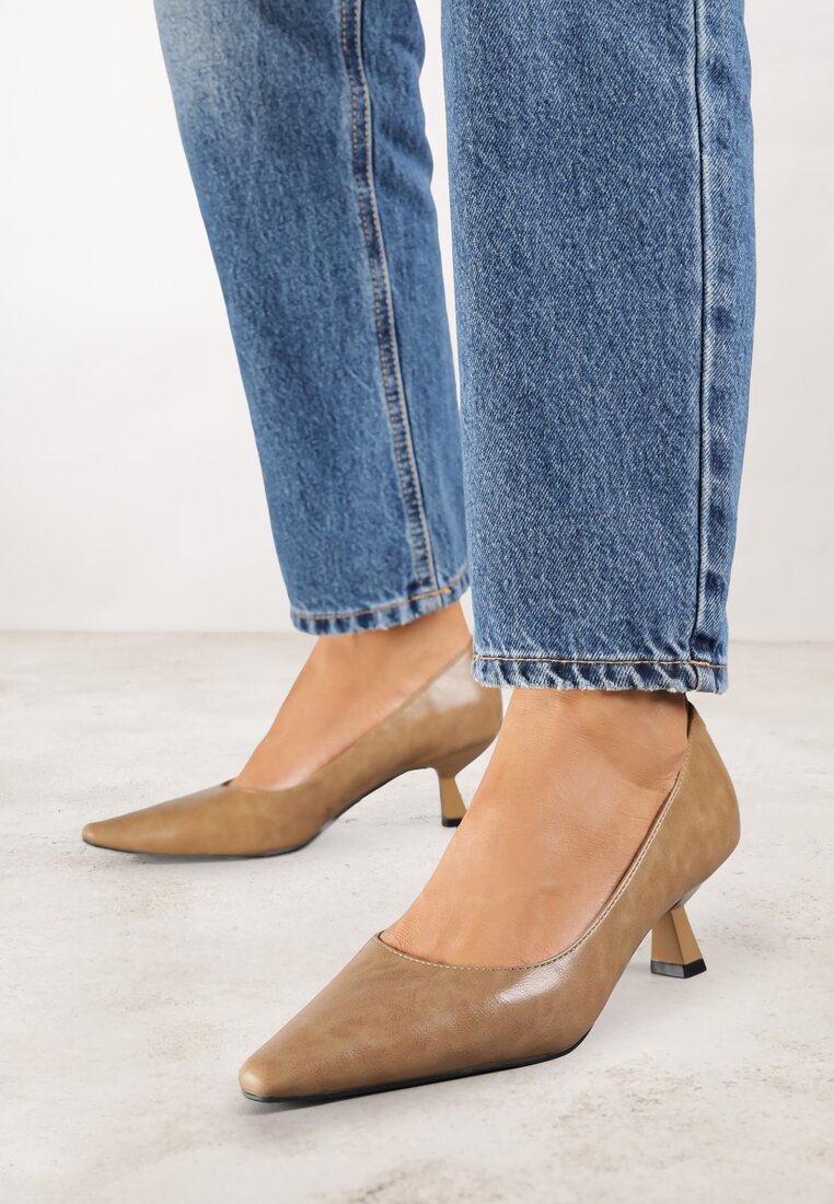 Pantofi eleganți bej închis Vices cu toc mic și branț din piele Elialie