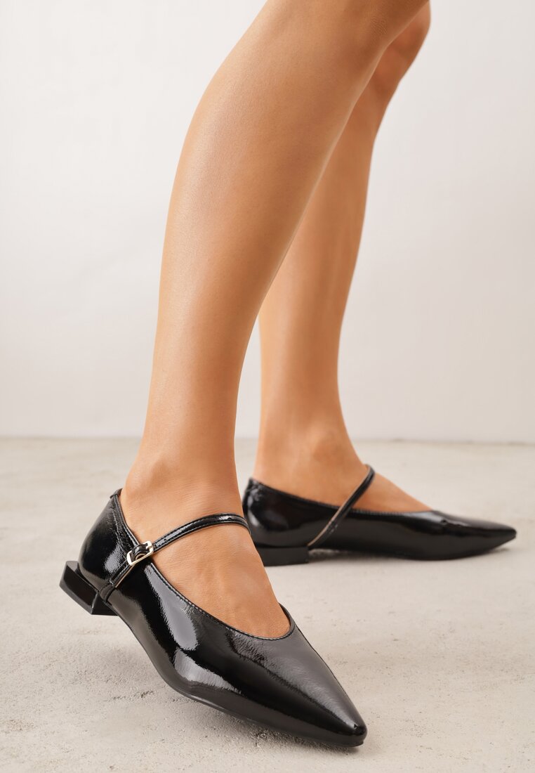 Balerini Negri Mary Jane Vices cu Toc Geometric și Branț din piele Vermene