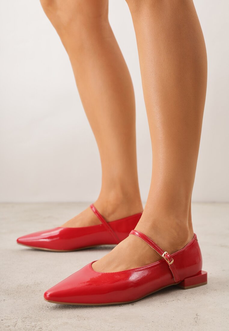Balerini Roșii Mary Jane Vices cu Toc Geometric și Branț din Piele Vermene