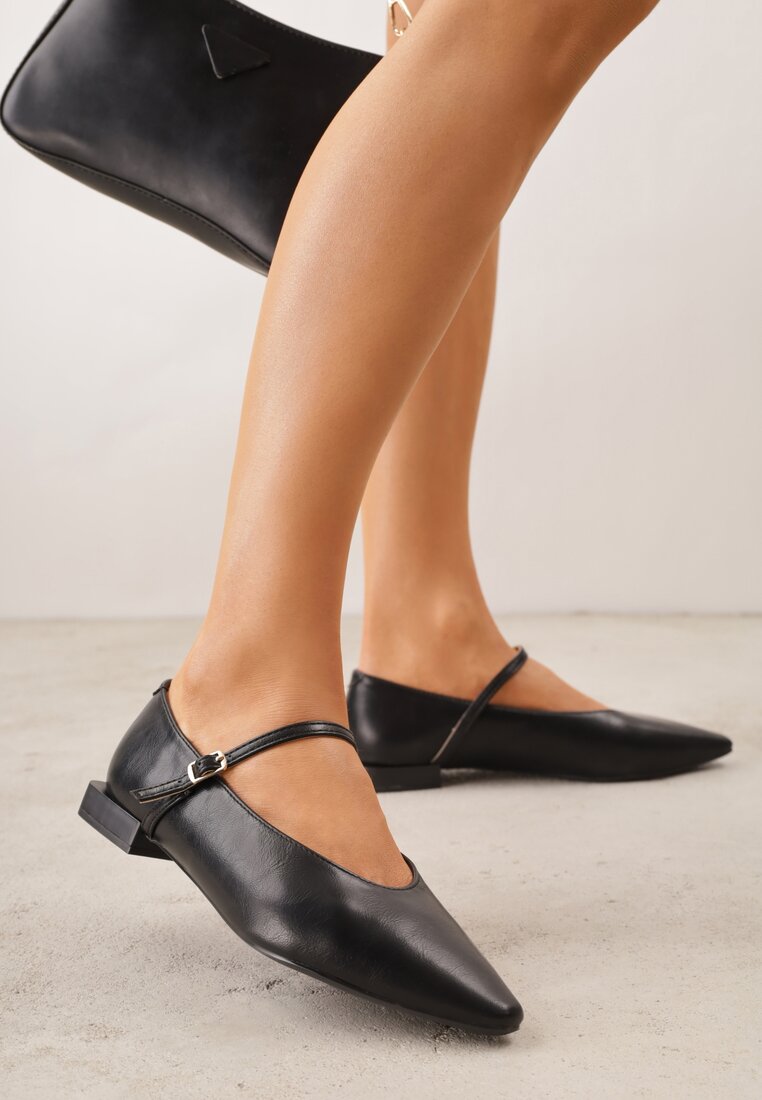 Balerine Negre Vices în stil Mary Jane cu branț din piele naturală Emilane