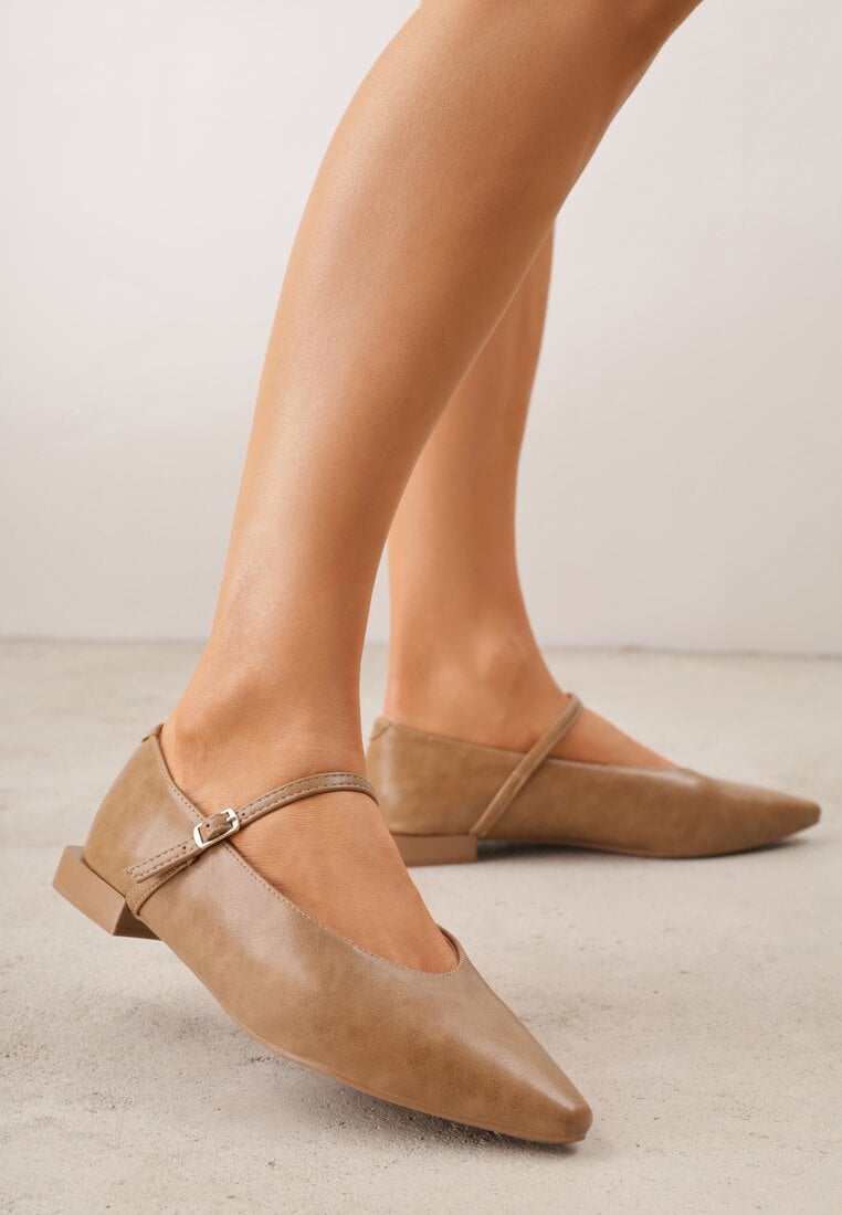 Balerini Bej închis Vices stil Mary Jane cu branț din piele naturală Emilane