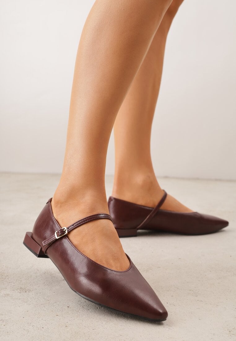 Balerini Bordo Vices în stil Mary Jane cu branț din piele naturală Emilane