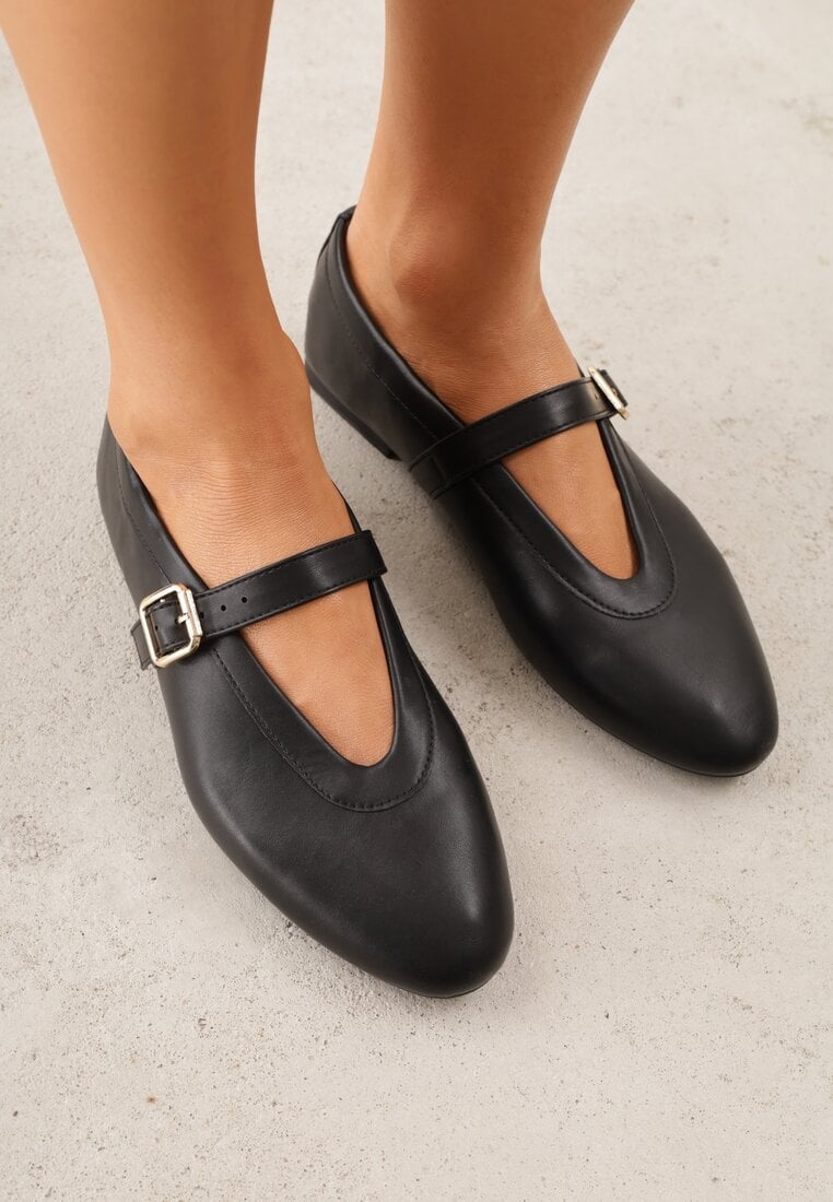 Balerini negri Vices stil Mary Jane cu cataramă și branț din piele Dimaline