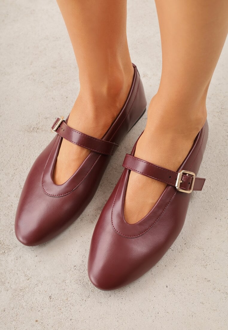 Balerini Bordo Vices în stil Mary Jane cu cataramă și branț din piele Dimaline
