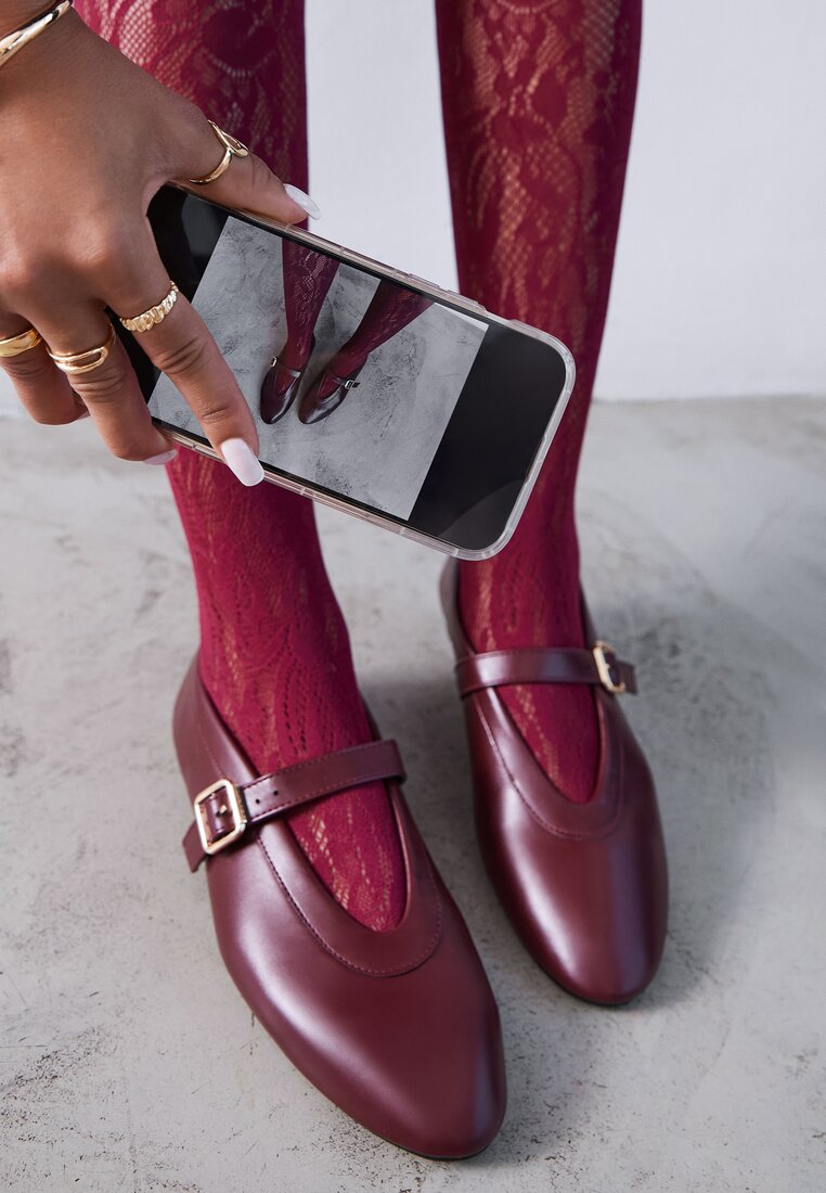 Balerini Bordo Vices în stil Mary Jane cu cataramă și branț din piele Dimaline