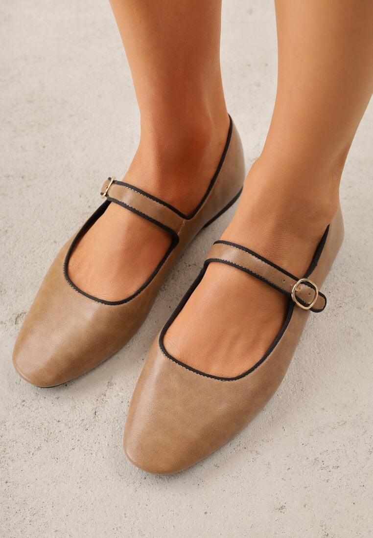 Balerini Bej închis Vices cu branț din piele naturală, decorați cu o curea Patantie