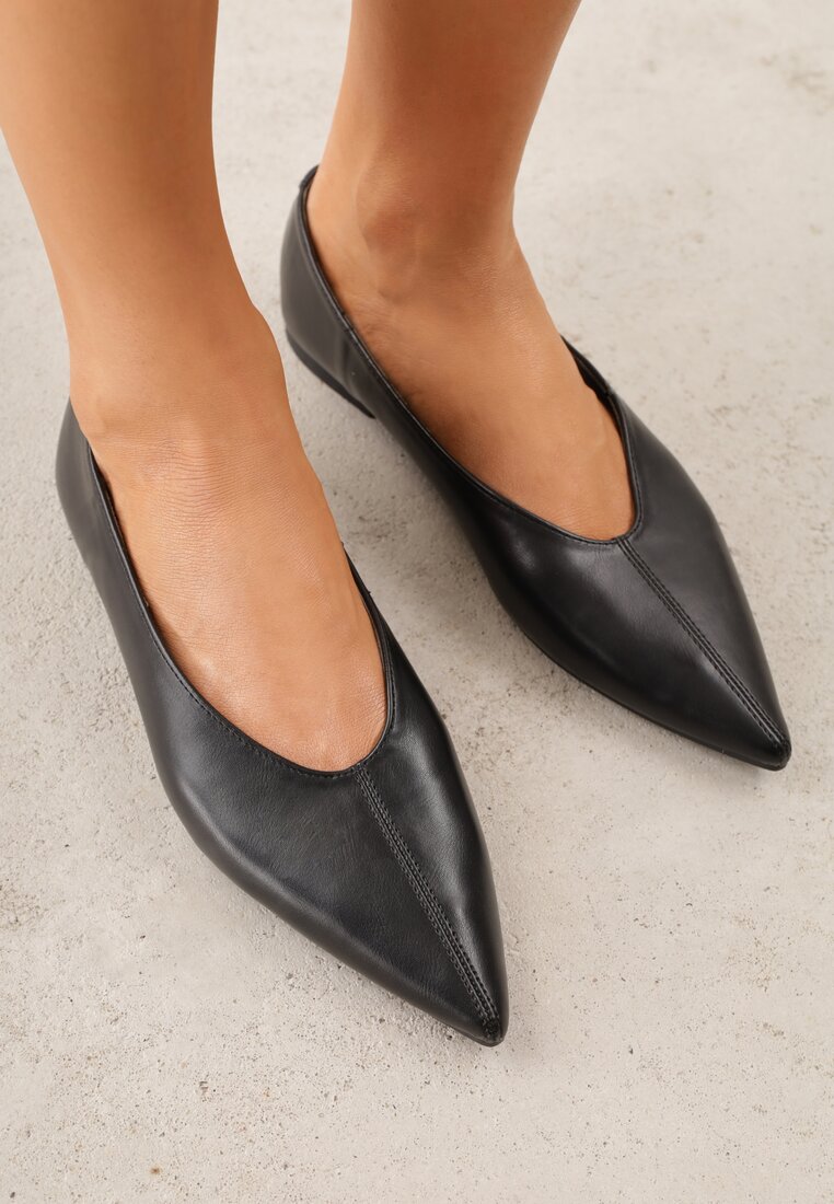 Balerini Negre Vices cu Vârf Ascuțit și Brant din Piele Belviie