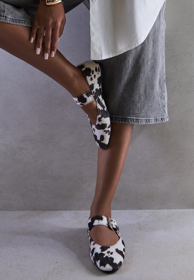 Balerini Maro-Albi Vices cu Imprimeu de Vaca în Stil Mary Jane cu Brant din Piele Rilaneia