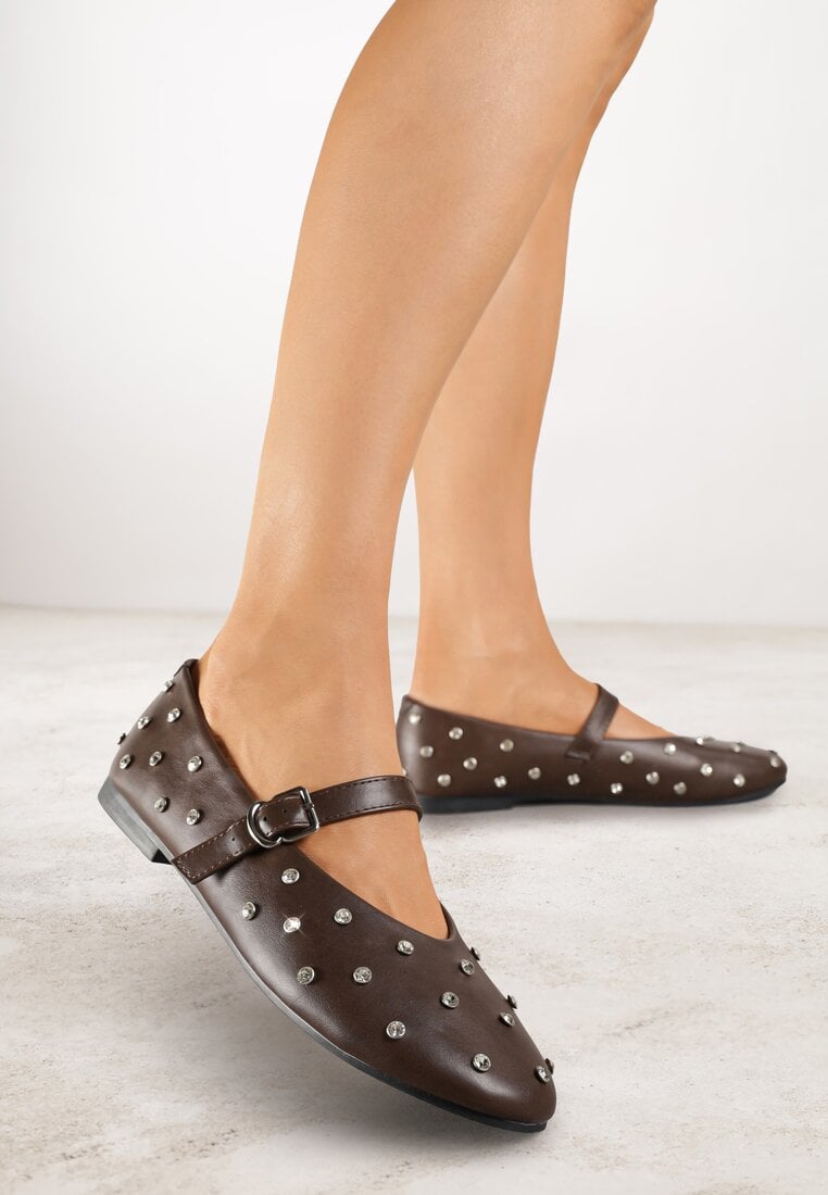 Balerini maro Vices în stil Mary Jane cu ținte și cu branț din piele Riladora