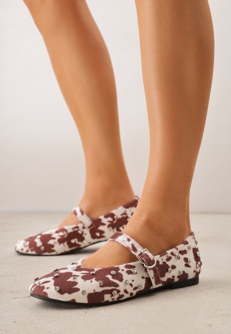 Balerini Maro-Alb Vices cu Imprimeu de Vacă stil Mary Jane cu Ținte și Brant din Piele Riladora