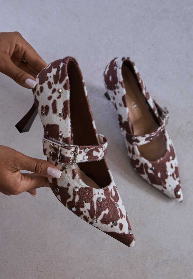 Pantofi cu toc Maro Vices cu pete de vacă pe toc stiletto cu branț din piele naturală decorate cu ținte Rileinea Virale