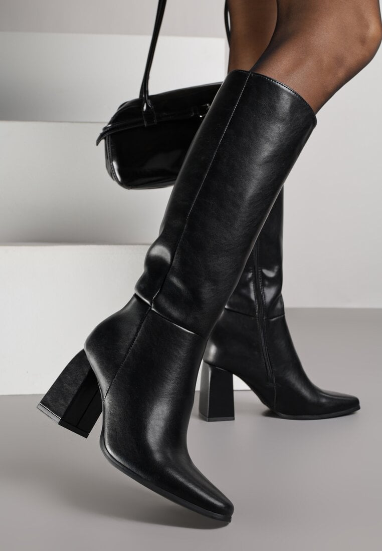 Cizme Negre Din Piele VICES Până la Genunchi Cu Toc Bloc În Stil Elegant Reiandra