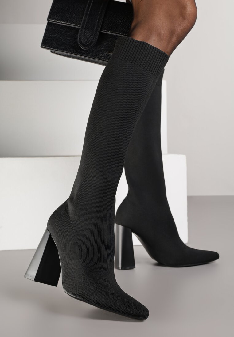 Cizme Negre VICES cu toc gros cu carâmb tip șosetă Zevona