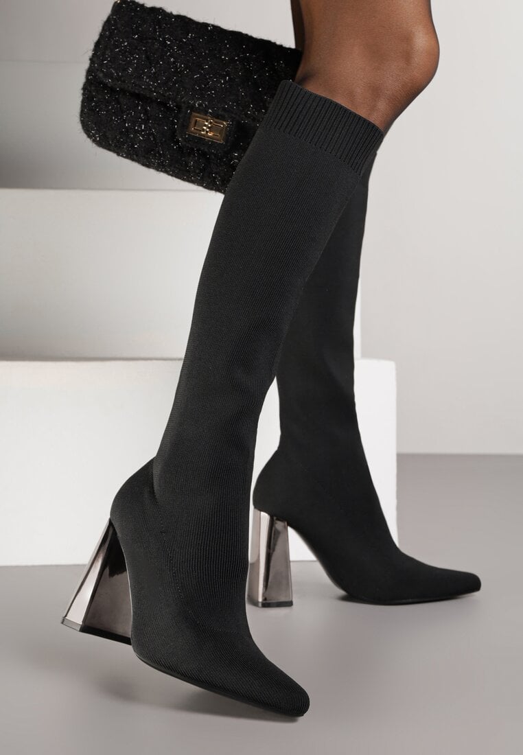 Cizme Negre tip șosetă Vices cu toc bloc cu luciu metalic Tuvitte