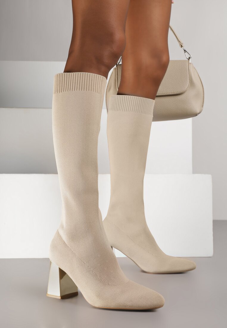 Cizme Bej închis Elegante VICES cu Toc Metalic cu Carâmb tip șosetă Nalaina