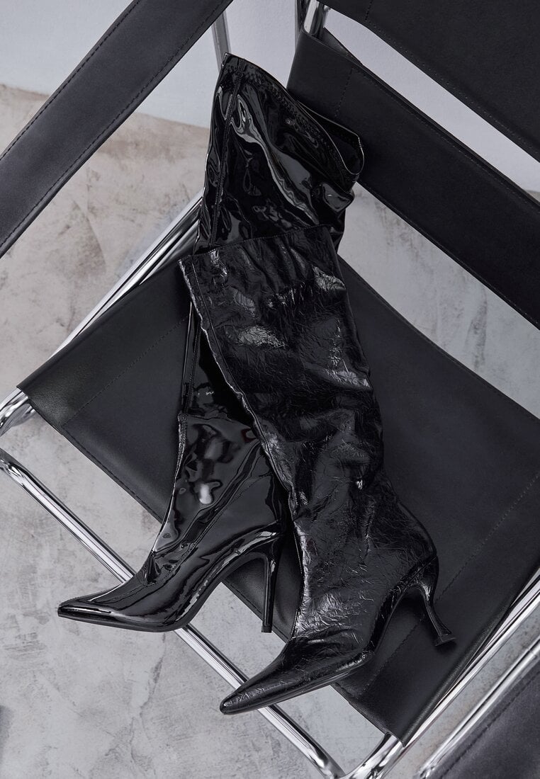 Cizme Negre Vices cu Toc Cui în Stil Slouchy cu Efect Cracked Todvire