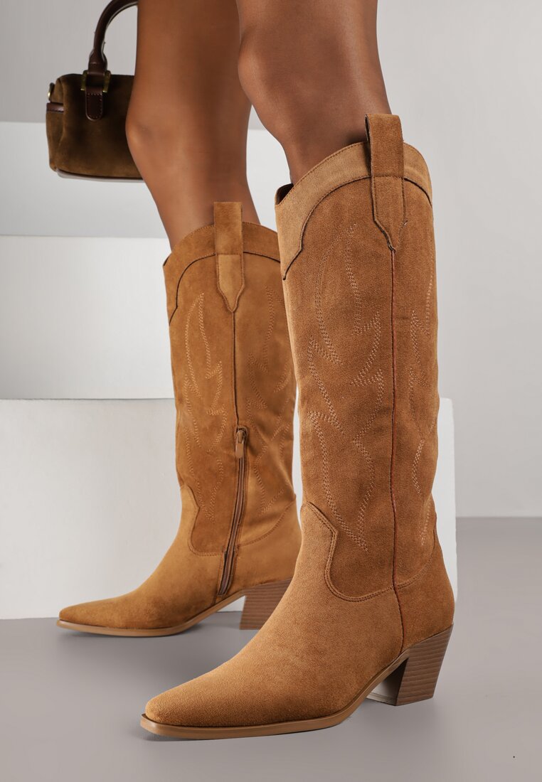 Cizme Cowboy Brodate Maro deschis cu toc conic Galianna