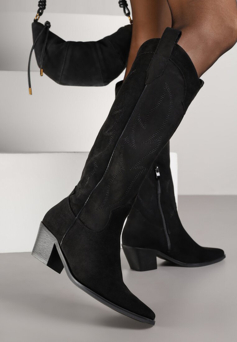 Cizme Negre Brodate Cowboy cu Toc Conic Galianna