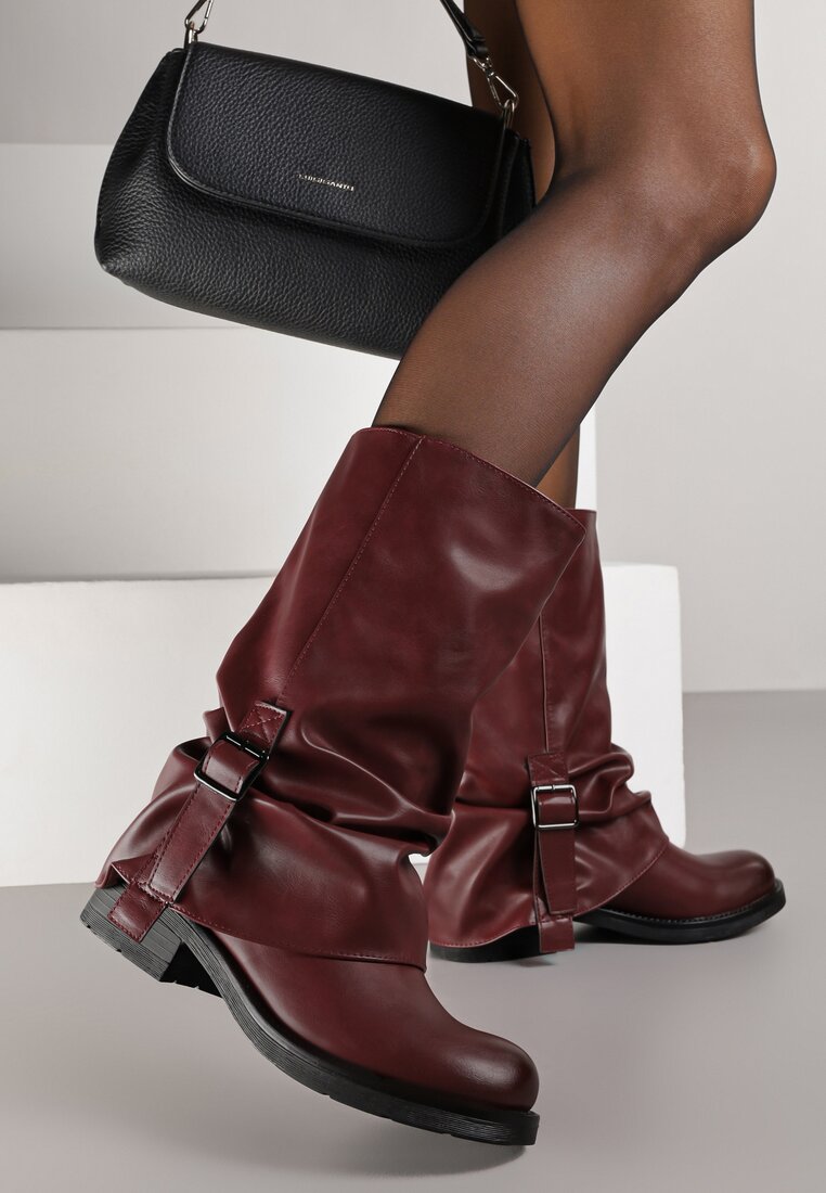 Botine Bordo Biker cu carâmb răsfrânt, cu încrețituri și Cataramă Fenilea